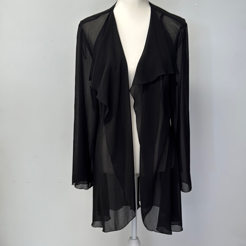 Ashley Stewart Black Sheer Cardigan Size 14W Cascade Front Flowy Dark Romance